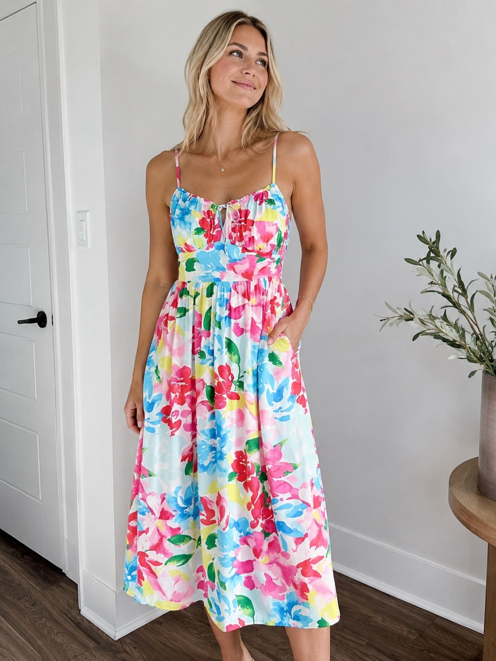 Fit & Flare Floral Smocked Midi Cami Dress
